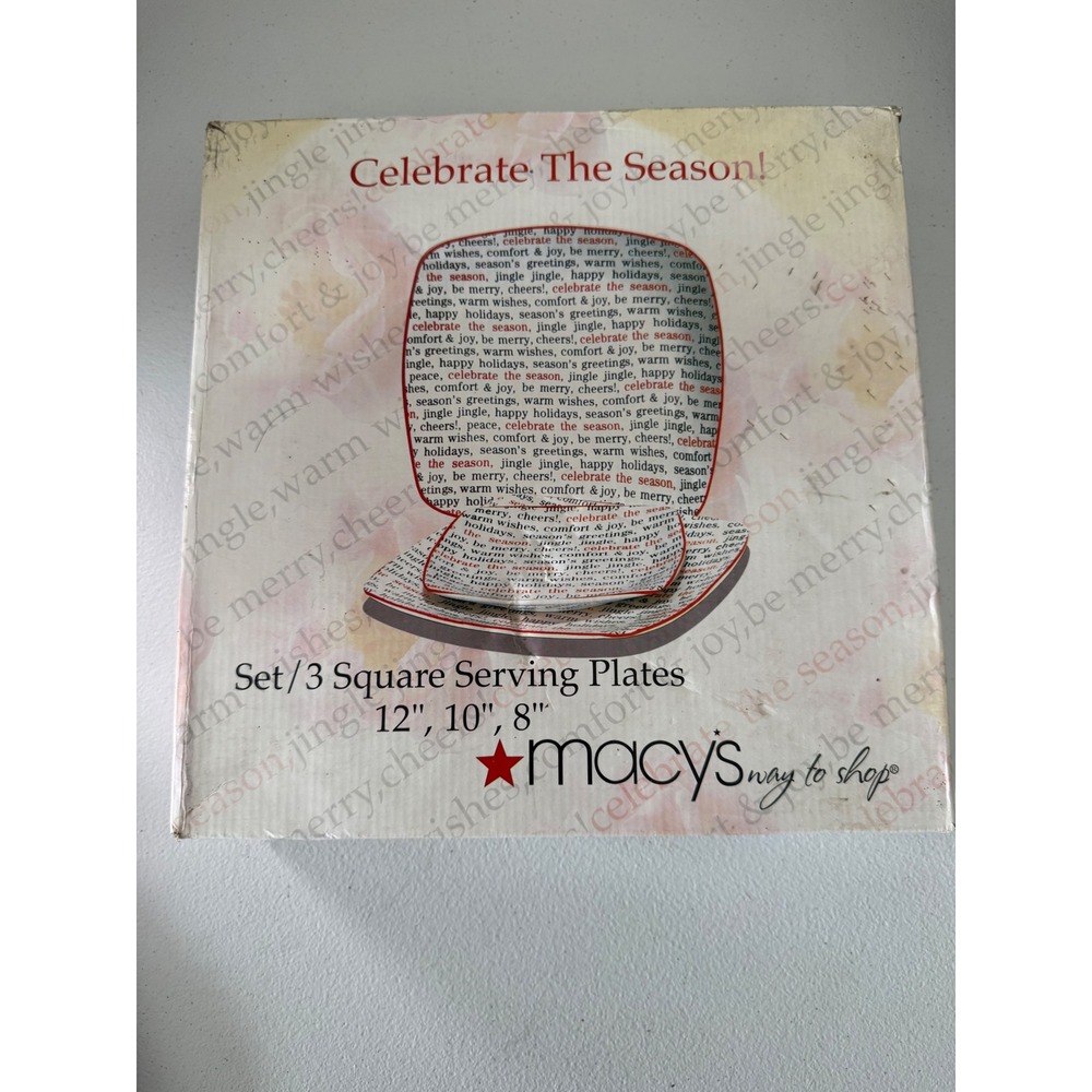 Macy's Celebrate The Season 3 Piece Square Serving Plate Set Holiday Red White
